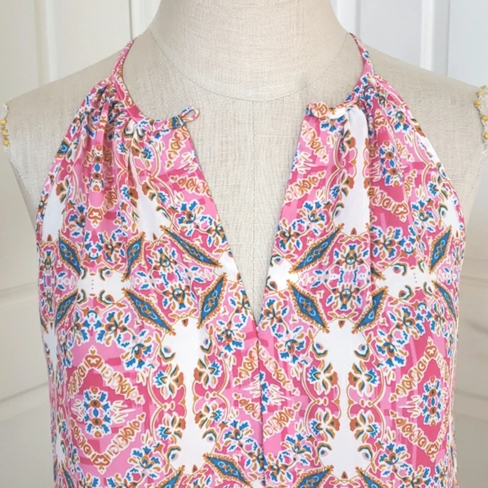 Cremieux Pink Teal Mustard Halter Neck A-Line Top XS - Picture 7 of 13